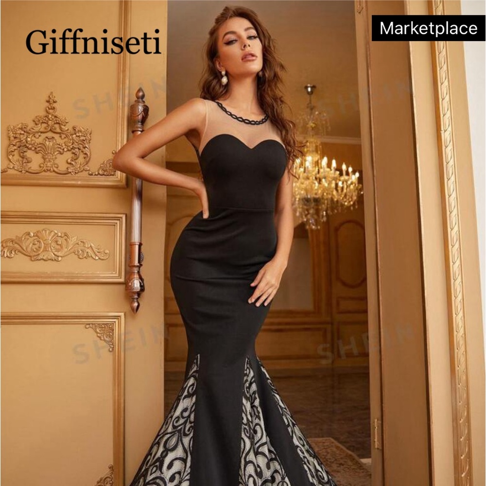 Giffniseti Guipure Lace Insert Mermaid Hem Floor Length Prom Dress